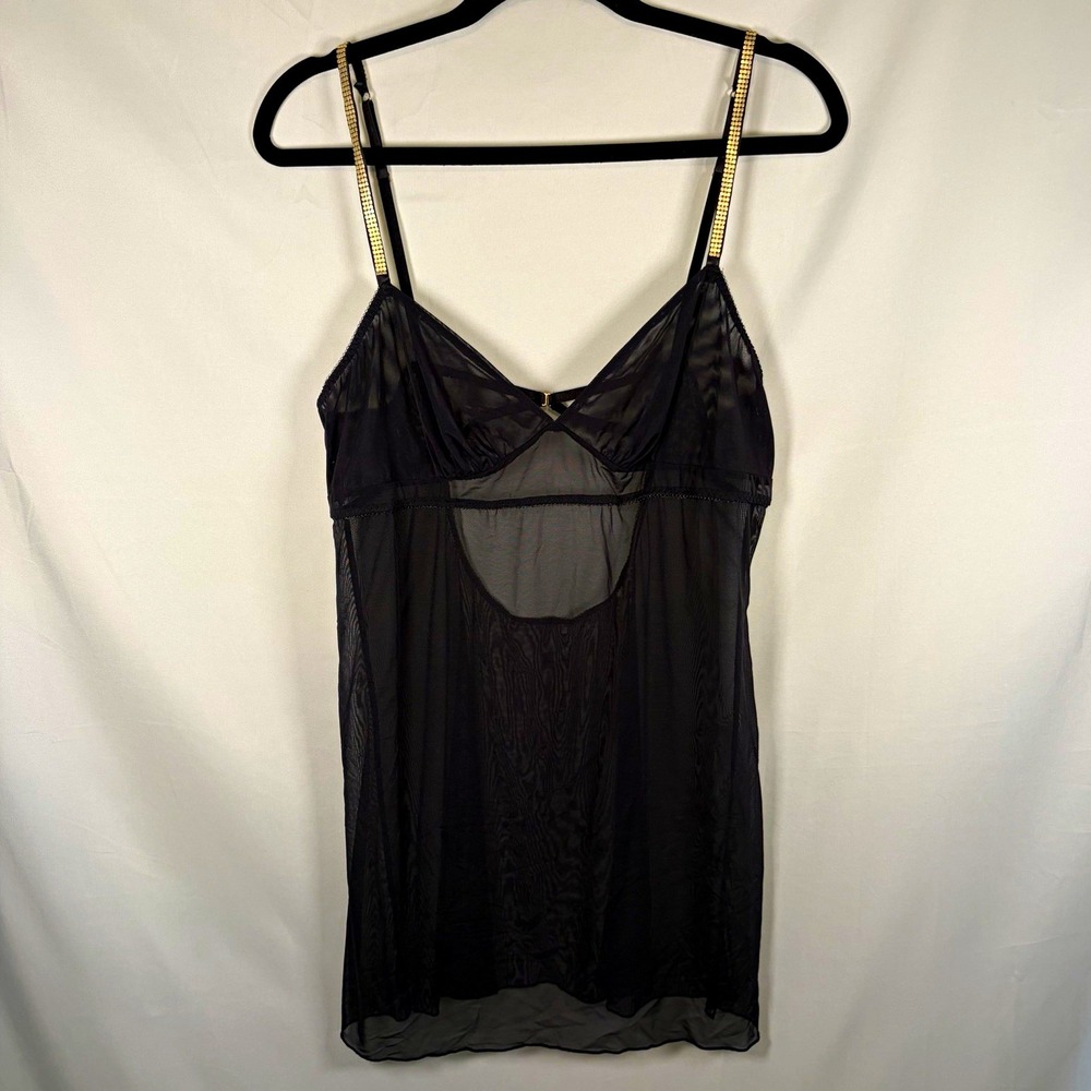 Victoria's Secret Black Mesh Full Slip Chemise, Rhinestone Adjustable Straps L